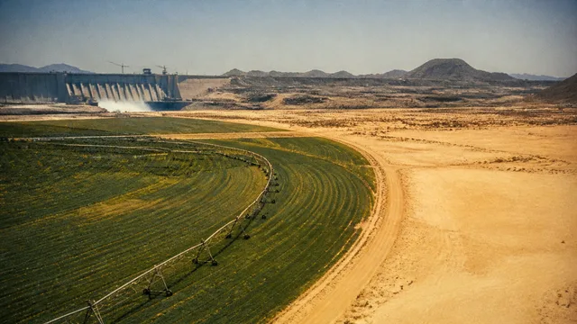 Aerial view of massive pipeline construction project stretching across desert landscape with staging areas and heavy…