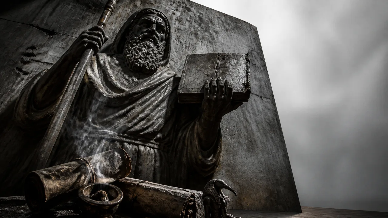 Marble bust of a bearded man in classical style against black background with white text reading "SECRET DIVINE NAME