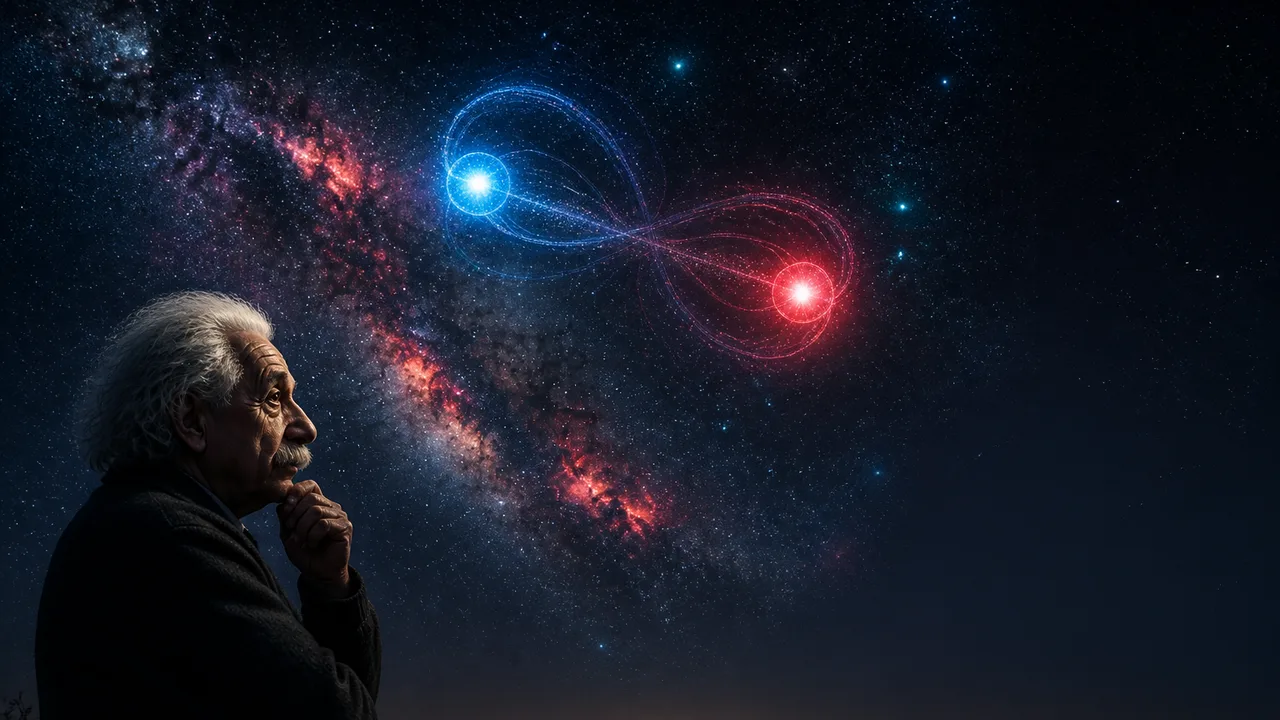 Physicist Jim Al-Khalili gestures while speaking against a purple pixelated background, with text asking about Einstein's…