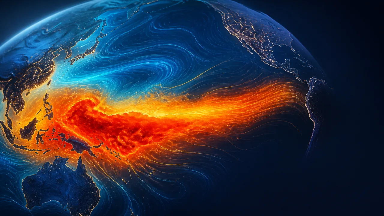 Two satellite Earth maps comparing August and September conditions during El Niño, with yellow arrows highlighting…