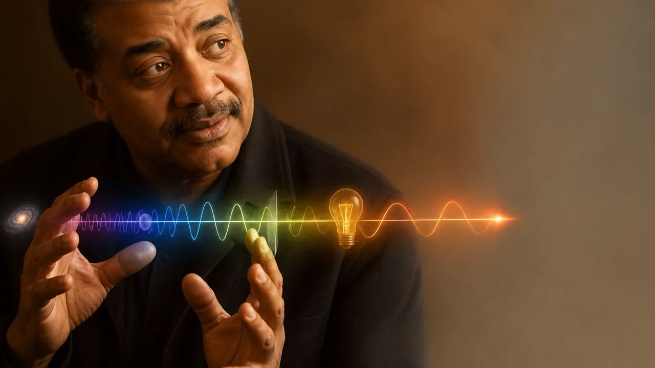 Two men at microphones with a visible light spectrum wave diagram behind them, discussing the nature of light.