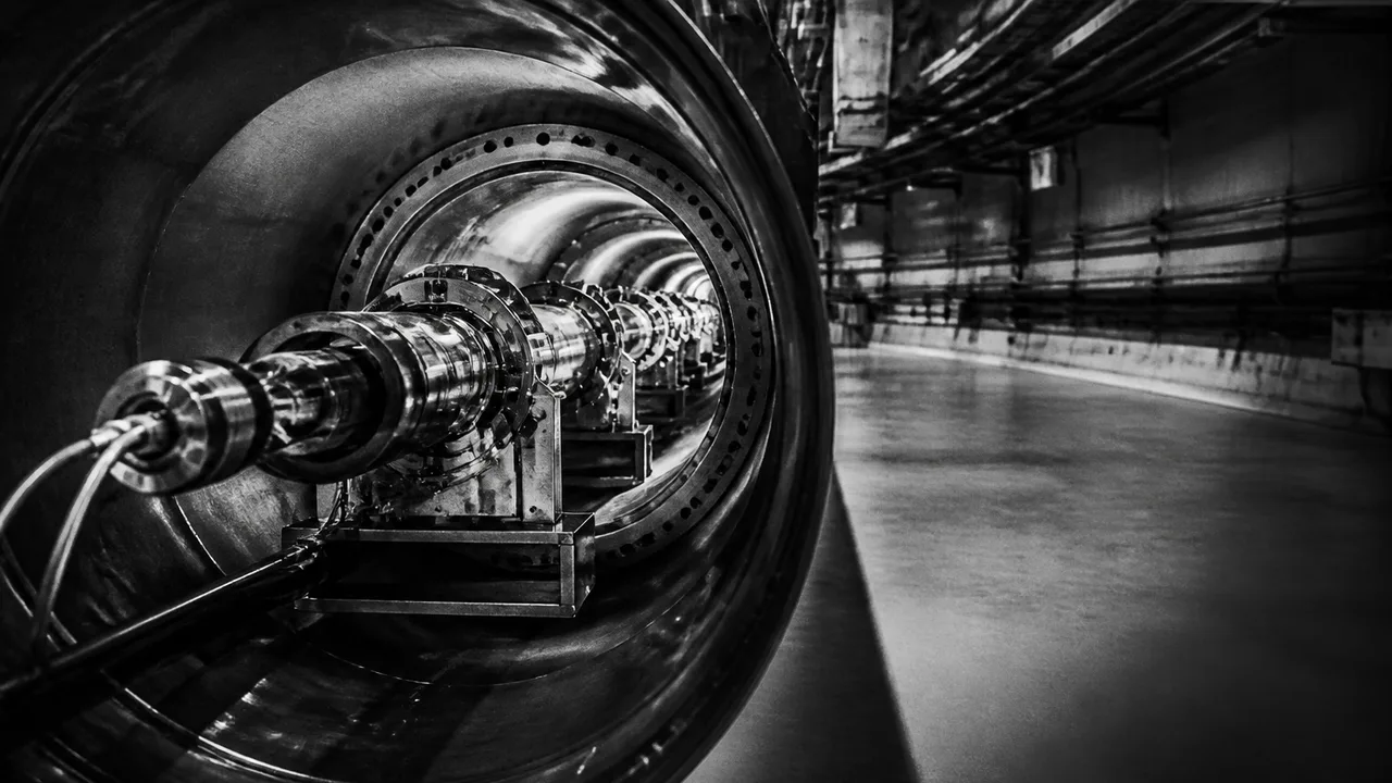 Complex scientific apparatus with green-lit central chamber, copper coils, and extensive wiring on blue platform in…