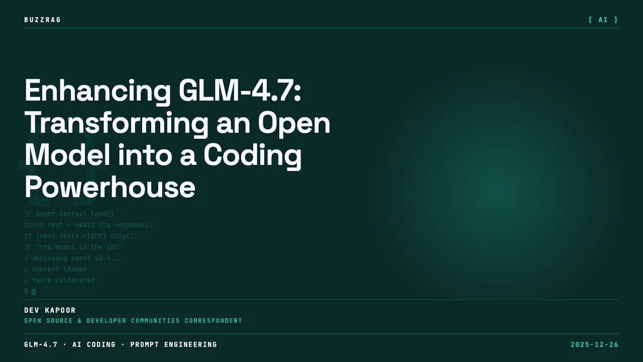 Fiery explosion background with Z.ai logo and "GLM-4.7 ULTRA MODE" text overlay, VS Code editor visible showing development…