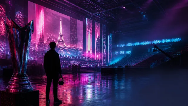 A man smiles at the camera beside gaming screens displaying esports competition footage, with "BEHIND THE SCENES" overlaid…