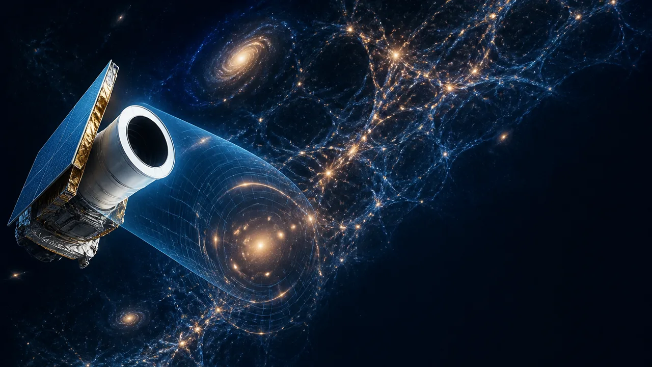 A dark galaxy outlined in red with blue circles marking detected objects and a white arrow pointing to a faint structure…