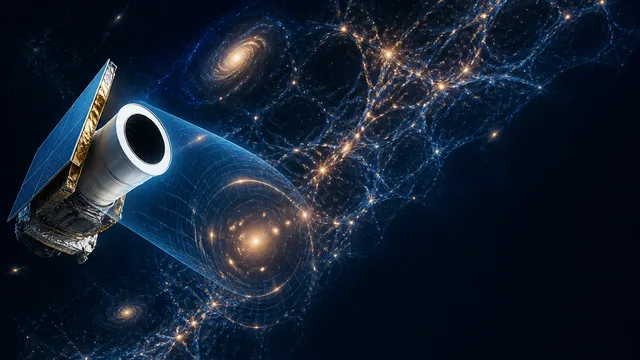 A dark galaxy outlined in red with blue circles marking detected objects and a white arrow pointing to a faint structure…