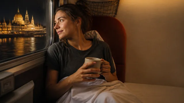 Woman demonstrating sleeping accommodations inside a European night train compartment with bunk bed