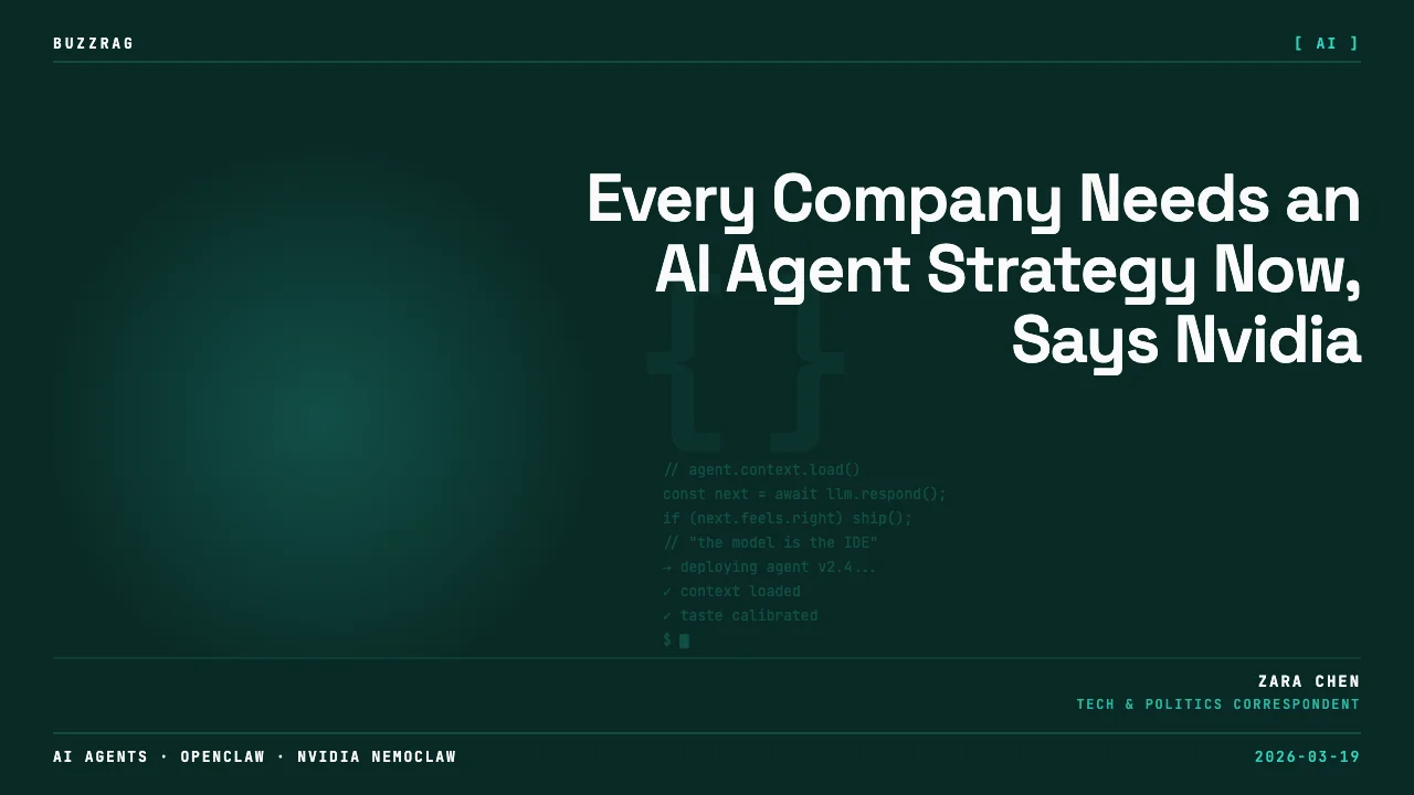 Multiple humanoid robots racing with briefcases on a vibrant orange track with bold retro typography overlaying the scene