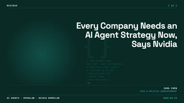 Multiple humanoid robots racing with briefcases on a vibrant orange track with bold retro typography overlaying the scene