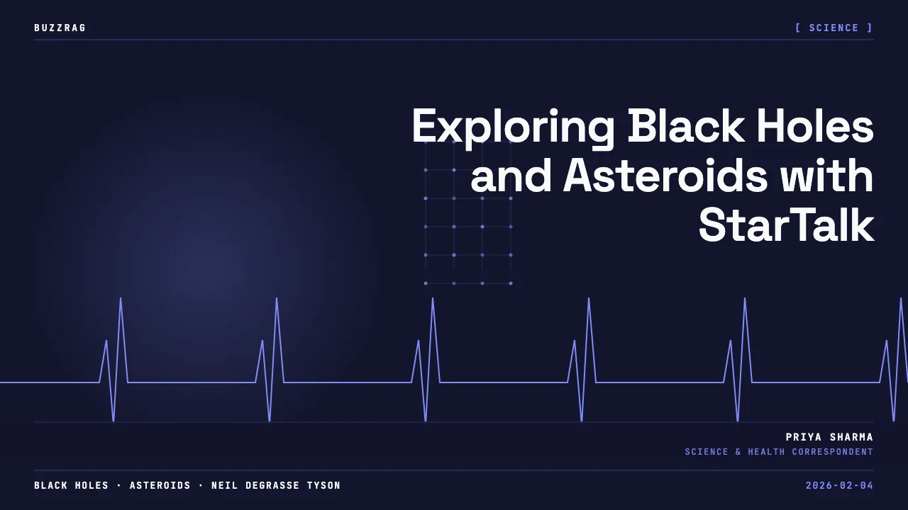 Two men sit at microphones with a dramatic black hole illustration glowing orange and white in the background, discussing…