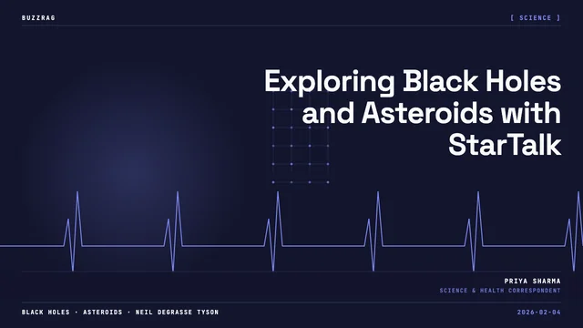 Two men sit at microphones with a dramatic black hole illustration glowing orange and white in the background, discussing…