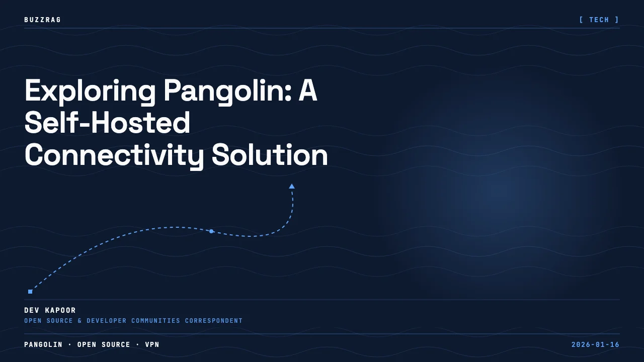 A person wearing glasses considers Pangolin as a remote access platform, with logos showing a transition from Pangolin to…
