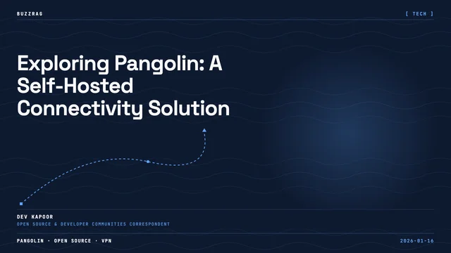 A person wearing glasses considers Pangolin as a remote access platform, with logos showing a transition from Pangolin to…