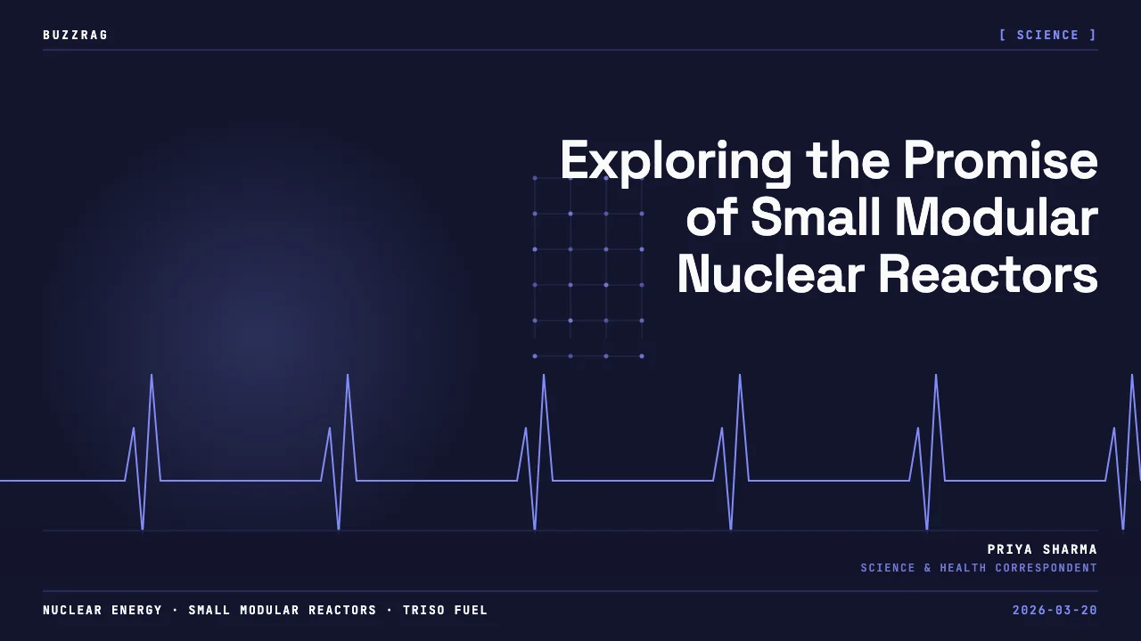 Man in glasses and tie with skeptical expression next to futuristic small modular nuclear reactor with "Future is Here"…