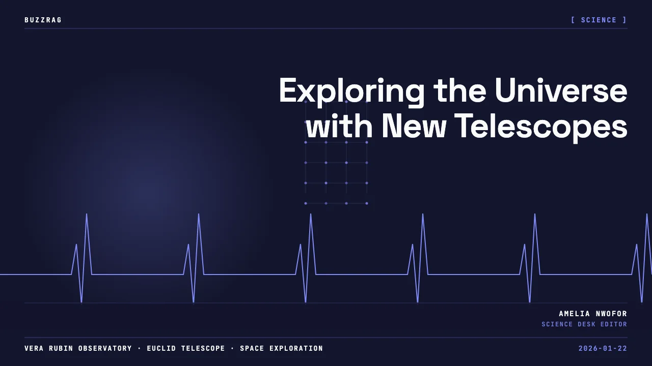 Space telescope with gold foil and cylindrical body against starry background with "TELESCOPES A NEW ERA" text overlay