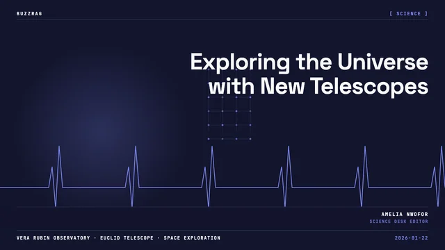 Space telescope with gold foil and cylindrical body against starry background with "TELESCOPES A NEW ERA" text overlay