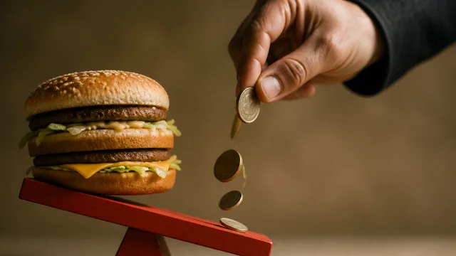 Red background with binary code, rising graph lines showing fast food prices and inflation, and a stylized sun logo…