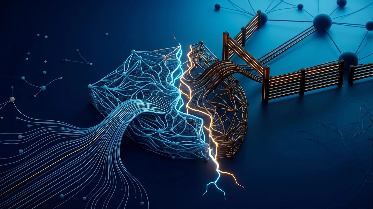 Man wearing headphones points at Python logo beside a neural network diagram with code background and red text about local…