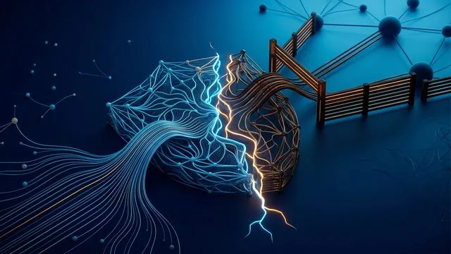 Man wearing headphones points at Python logo beside a neural network diagram with code background and red text about local…