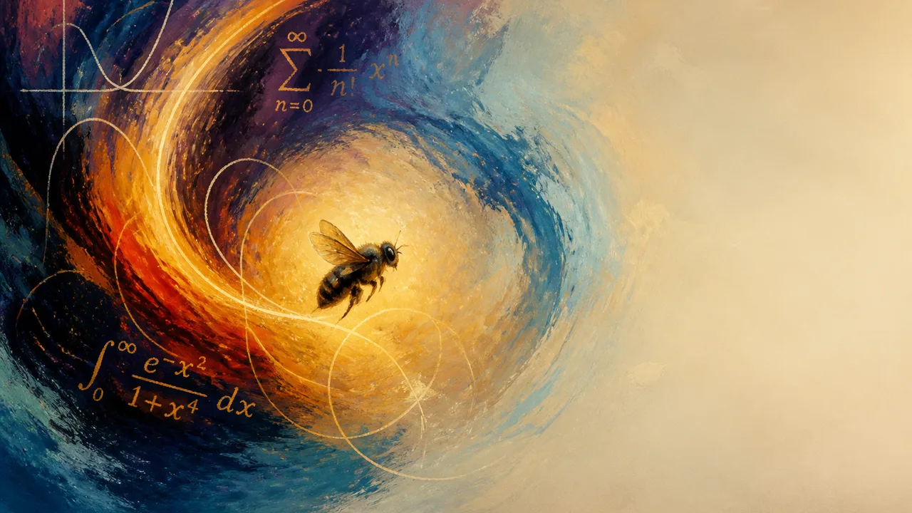 A complex integral equation displayed on a black background with a bee logo, challenging viewers to solve a mathematical…