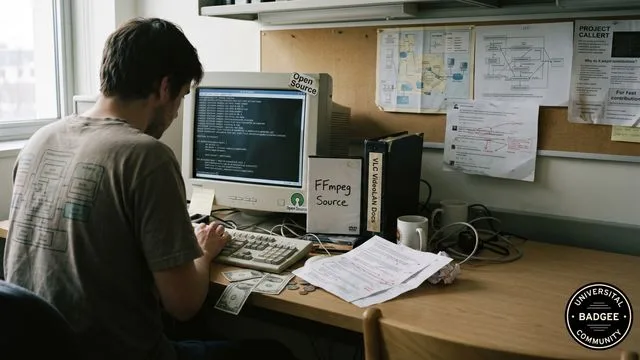 A versus matchup graphic showing Theo (left) versus FFmpeg logo (right) with verified checkmarks, flanked by two men in…
