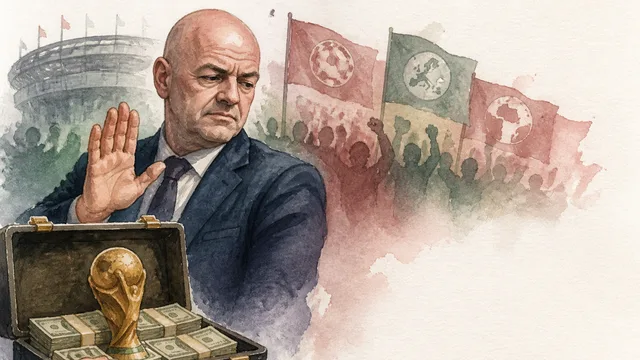 BBC News breaking news banner with a bald man in a dark suit looking concerned, hand near his face, with FIFA sponsor logos…