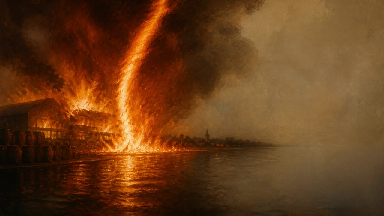 Massive building engulfed in intense flames with water tower visible, overlaid with "STRANGE EVIDENCE" text and Science…