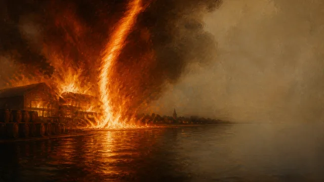 Massive building engulfed in intense flames with water tower visible, overlaid with "STRANGE EVIDENCE" text and Science…