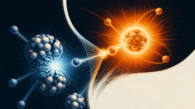 Two men with nuclear explosion imagery and text reading "FUSION VS FISSION" discussing nuclear energy concepts