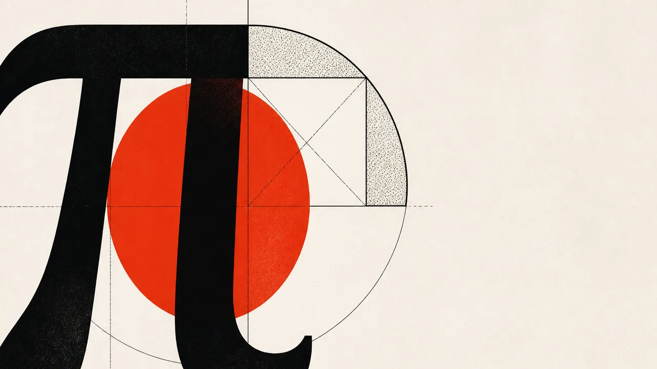 Man pointing at geometric diagram with pi value displayed, suggesting discovery of mathematical constant visualization