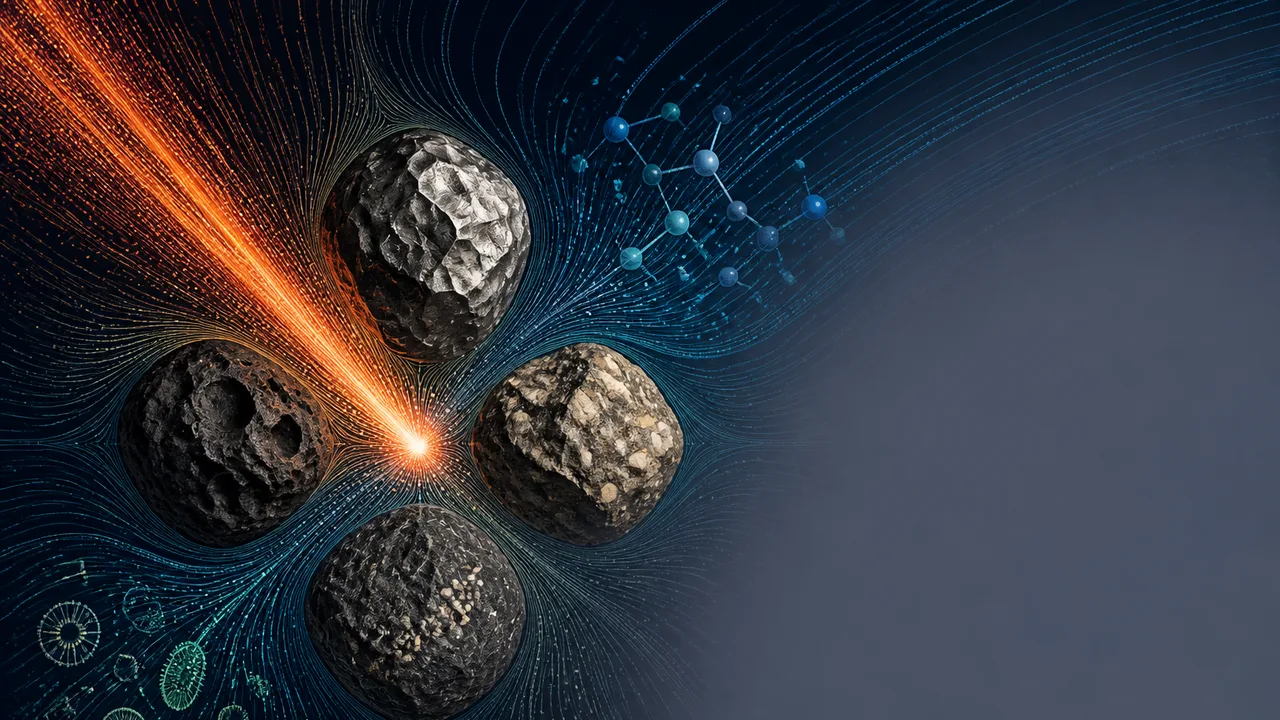 A gray, textured meteorite specimen displayed against a dark background with "OLDEST MATERIAL ON EARTH?" overlaid in white…