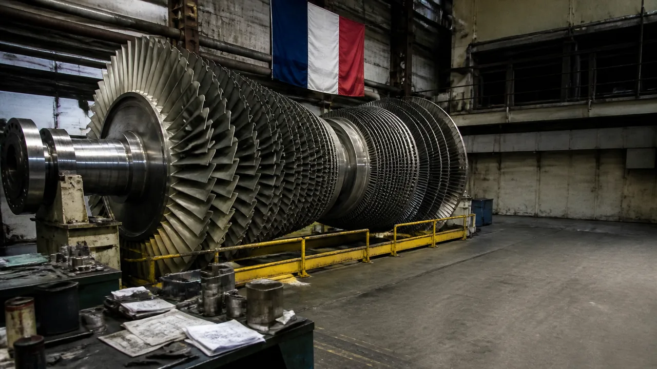 Close-up of large industrial nuclear turbine rotors with concentric metal blades stacked inside machinery housing