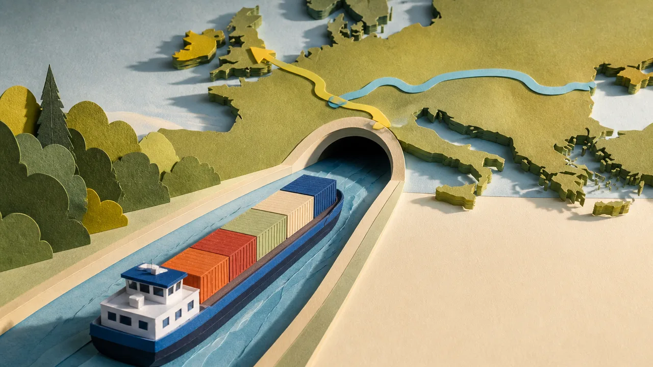 Aerial view of a massive canal bridge carrying barge traffic over forested landscape with recreational areas below.
