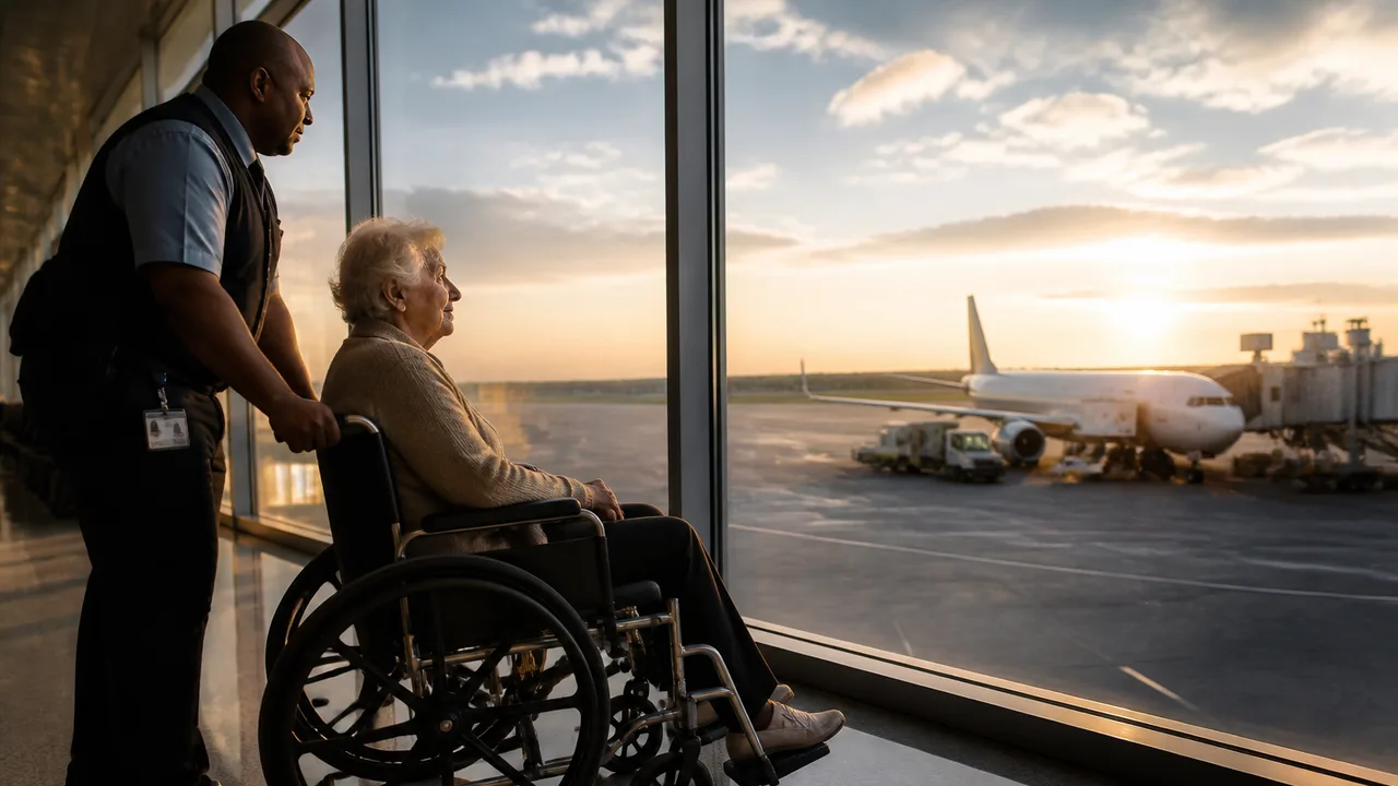 Woman with finger to lips making "shh" gesture; airport scene with elderly man in green shirt at accessibility gate and…