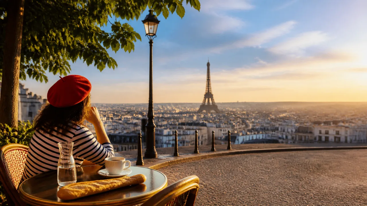 Man wearing French flag shirt smiles at camera with Parisian street scene, French flag, and "Le Consulat" café in background