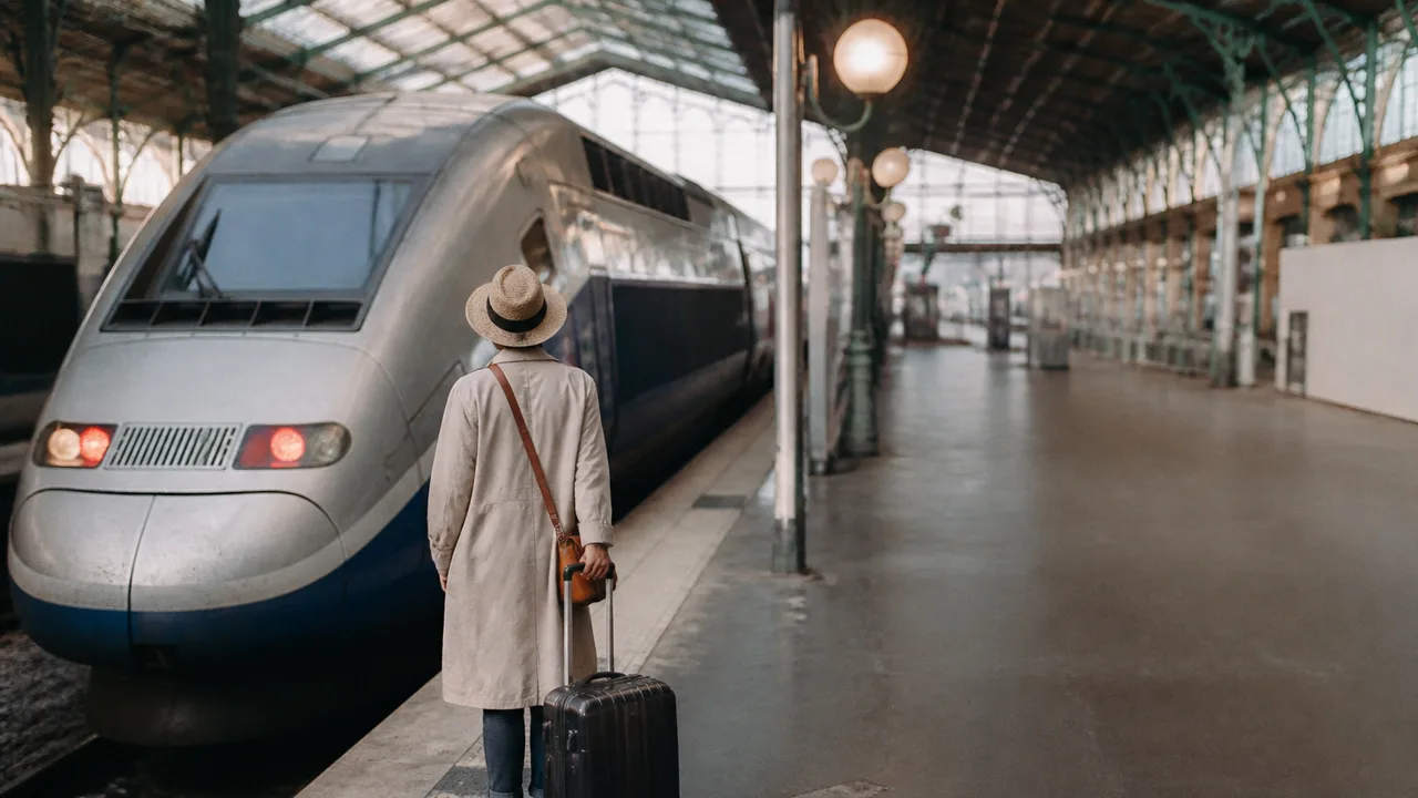 Selfie at a French train platform with travelers, luggage, and trains; Wolters World logo visible