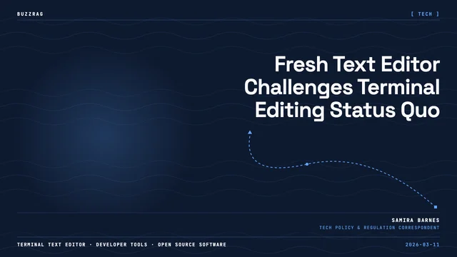 A dark terminal window displays code and system processes with "Fresh Text Editor" and "Powerful, Simple, Awesome!"…