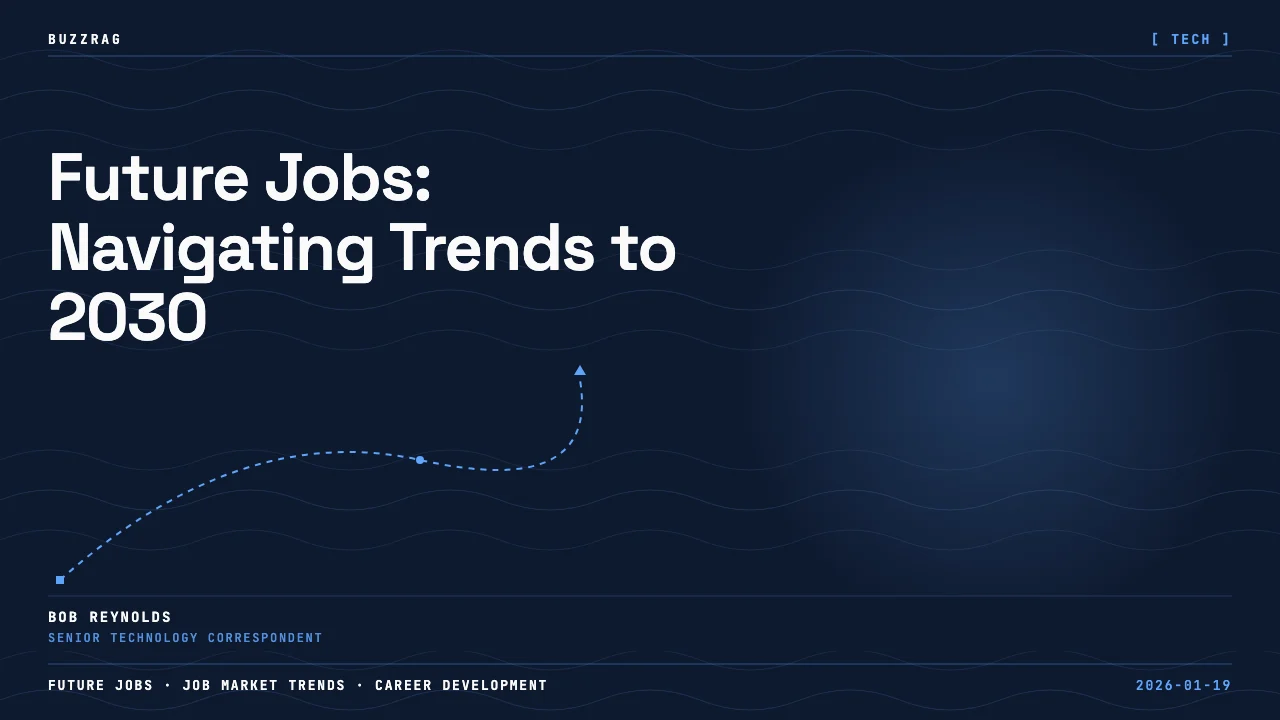 Woman with long dark hair against a striped background with "Jobs of the Future" title and blue wave graphic highlighting…