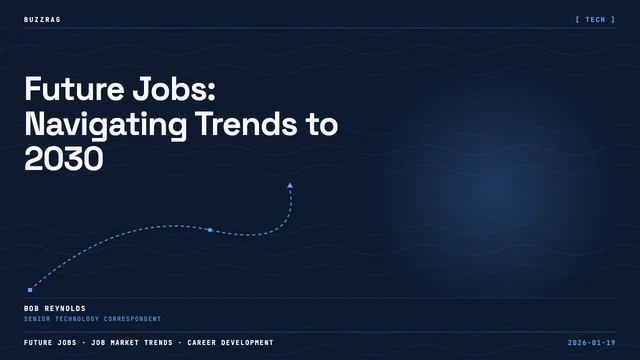 Woman with long dark hair against a striped background with "Jobs of the Future" title and blue wave graphic highlighting…