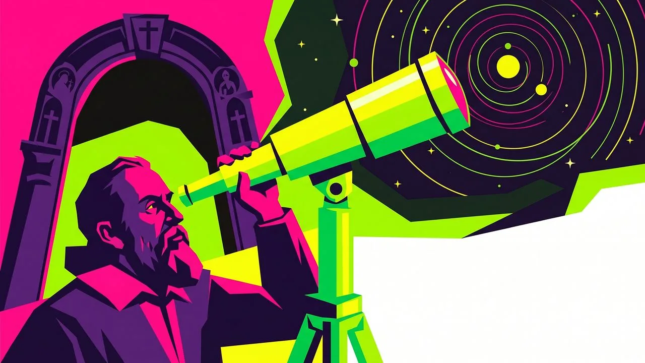 An elderly bearded man with intense eyes and Earth with moon in background, with "DEFYING THE POPE" text overlay