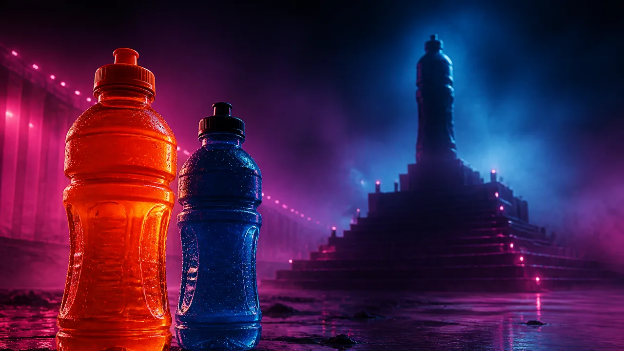 Split-screen comparison of Gatorade and Powerade bottles on orange and blue backgrounds with "VS" text in center.