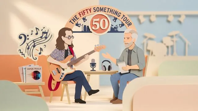 Two men in a studio setting, one holding a green bass guitar, with "THE GEDDY LEE INTERVIEW" text overlaid