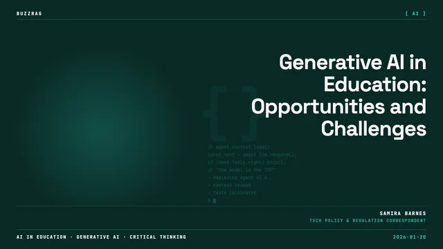 Man in black shirt gestures while discussing AI and education, with neon circuit diagrams and "think series" branding on…