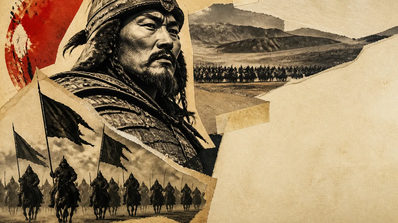 Portrait of Genghis Khan with blue graphic design elements and "History's Greatest Warrior?" text overlay on a Bio Graphics…