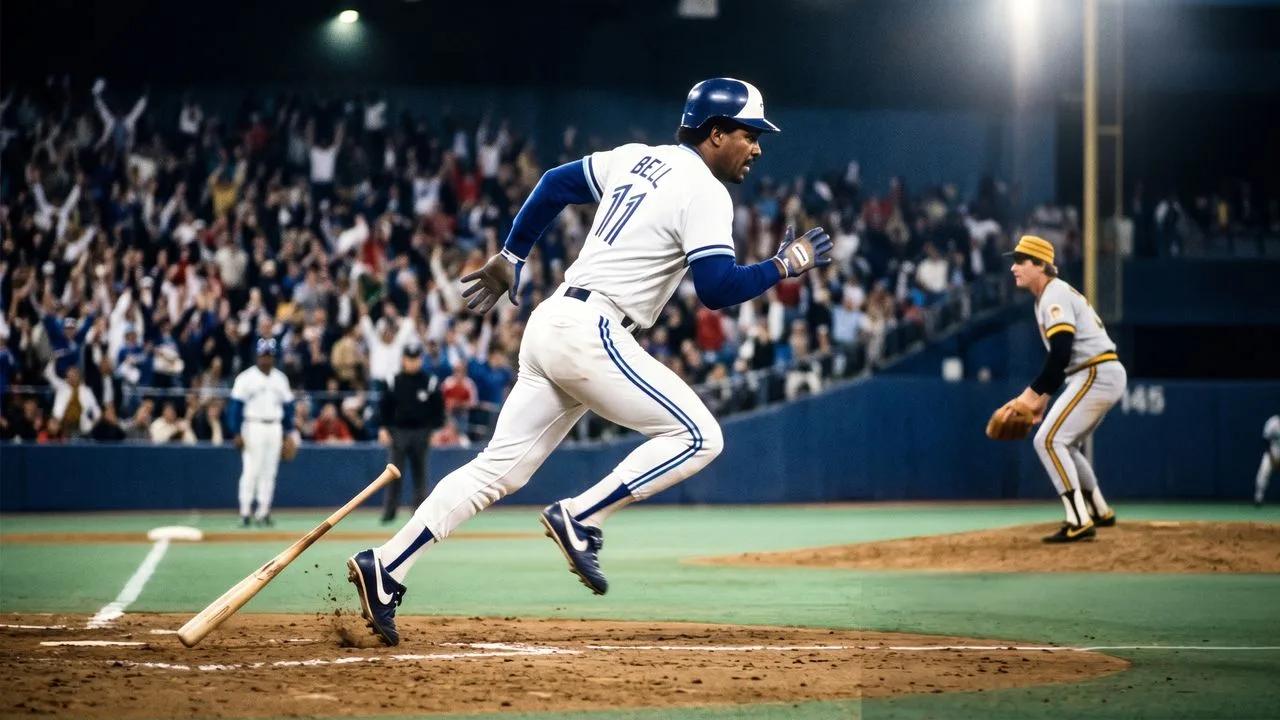 A baseball statistics chart with colored columns next to a vintage photo of a Toronto Blue Jays player wearing a cap…