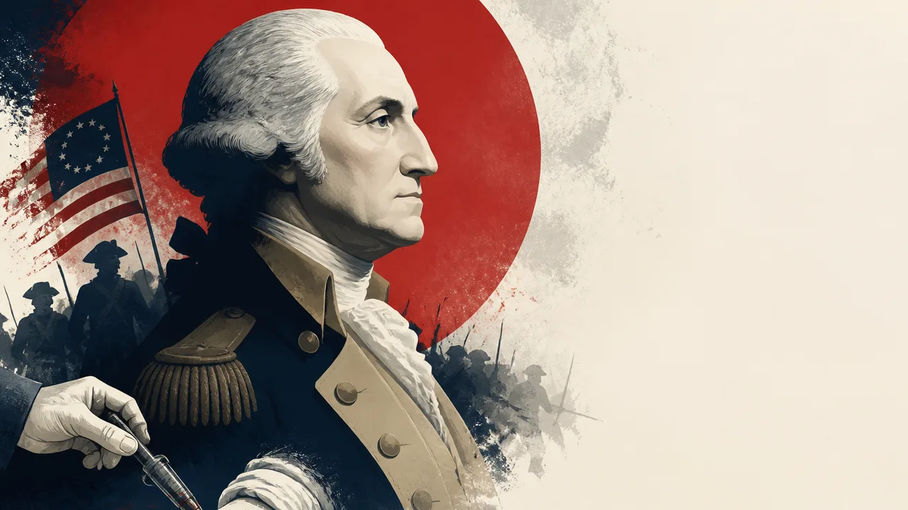 Portrait of George Washington with yellow text describing his deathly illness and unconventional medical treatment by his…