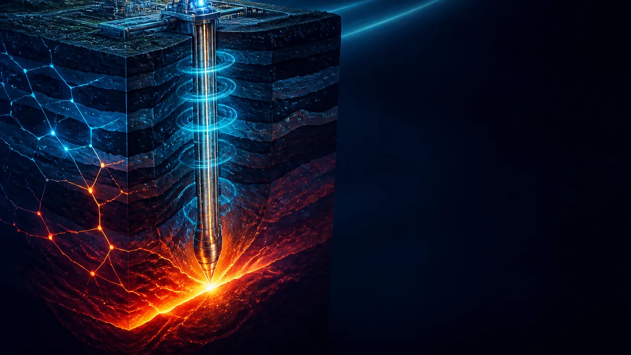 Industrial geothermal power plant facility above a cross-section illustration of Earth's molten core with steam and heat…
