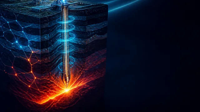 Industrial geothermal power plant facility above a cross-section illustration of Earth's molten core with steam and heat…