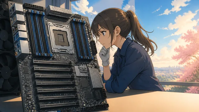 Man in blue shirt holding a large blue motherboard against a purple-lit background with "XEON 6 MOBO" text and a monitoring…