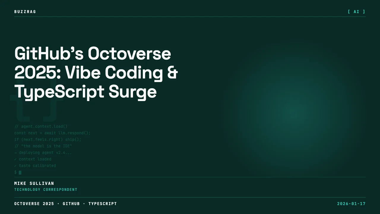 GitHub Podcast episode featuring three smiling guests against a vibrant gradient background with geometric shapes and the…